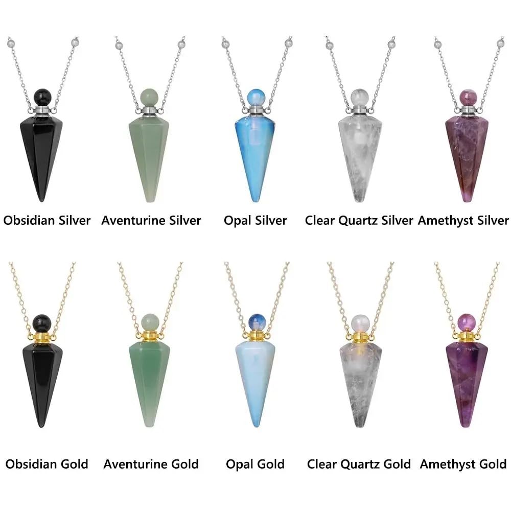 925 Sterling Silver Essential Oil Necklace For Women And Men, Natural Crystal Stone Cone Shape Pendant Necklace Healing Perfume Bottle Necklace Essential Oil Pendant Necklace (10 - Essential Oil Necklace)