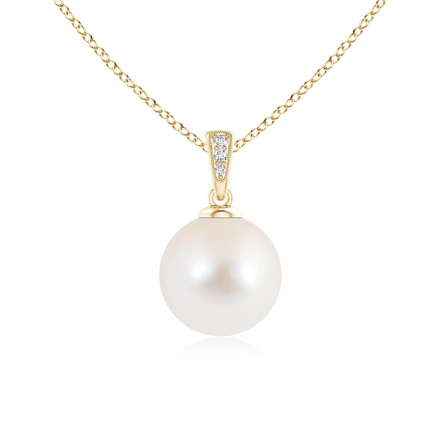 Angara Freshwater Pearl Solitaire Pendant for Women | 10mm Round Freshwater Cultured Pearl Diamond Solitaire Pendant Necklace in Yellow Gold | June Birthday, Anniversary, Gemstone Jewelry Gift | AA
