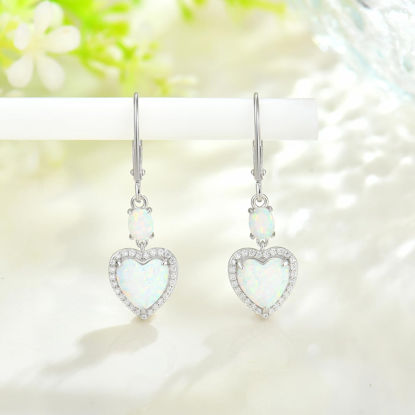 FYNSBLE White Opal Earrings for Women Sterling Silver Heart Opal Leverback Earrings Hypoallergenic Jewelry for Women