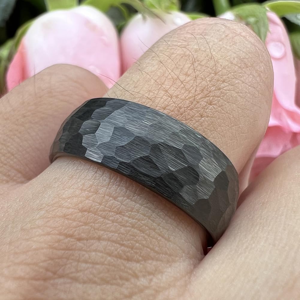 TUTISS 8mm Black Hammered Tungsten Rings for Men Women Fashion Engagement Wedding Bands Domed Matte Finish Comfort Fit Size 10