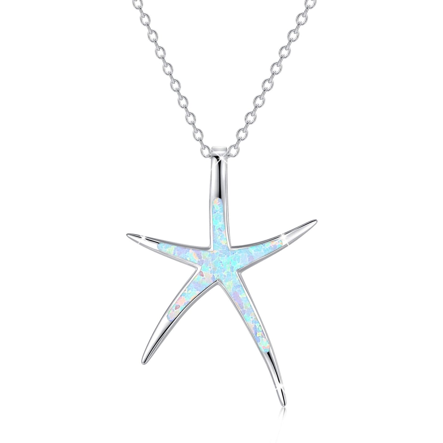 Cuoka Starfish Necklace, 925 Sterling Silver with White Opal, Hawaiian Beach Nautical Ocean Pendant, Starfish Jewelry Opal Jewelry Valentine for Women Girlfriend