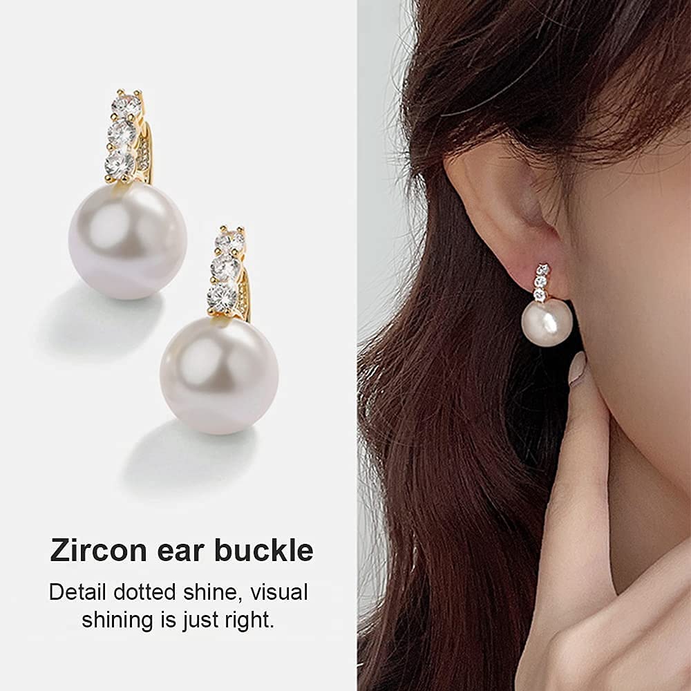 Pearl Earrings for Women 14K Gold Plated Hypoallergenic Pearl Earrings 5A Cubic Zirconia Dangle Earrings Elegant Jewelry (1-Gold-brown)