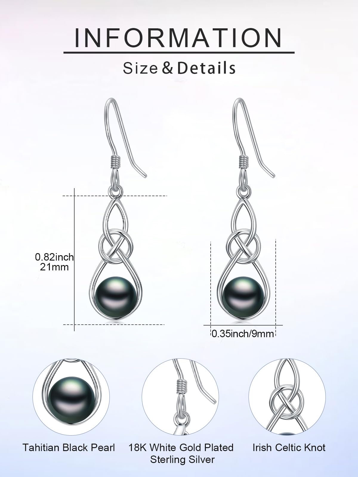 KANNSOAR Tahitian Black Pearl 18K 6MM AAAA White Gold Plated Sterling Silver Celtic Knot Dangle Drop Earrings for Women Wife Mom Girlfriend Valentine Jewelry Gift for Wedding Anniversary Birthday