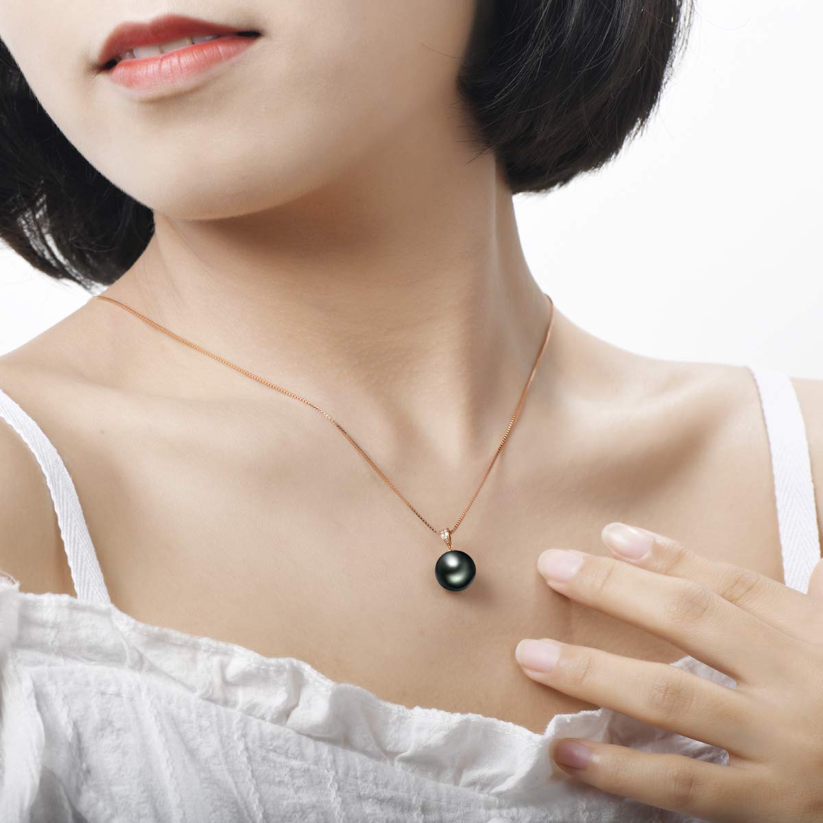 DENGGUANG 18K Gold Natural Black Pearl Necklace Pendant with Diamond 10-11mm Genuine Tahitian Cultured Round Pearls Pendant for Women with 18" Silver Chain - Rose Gold