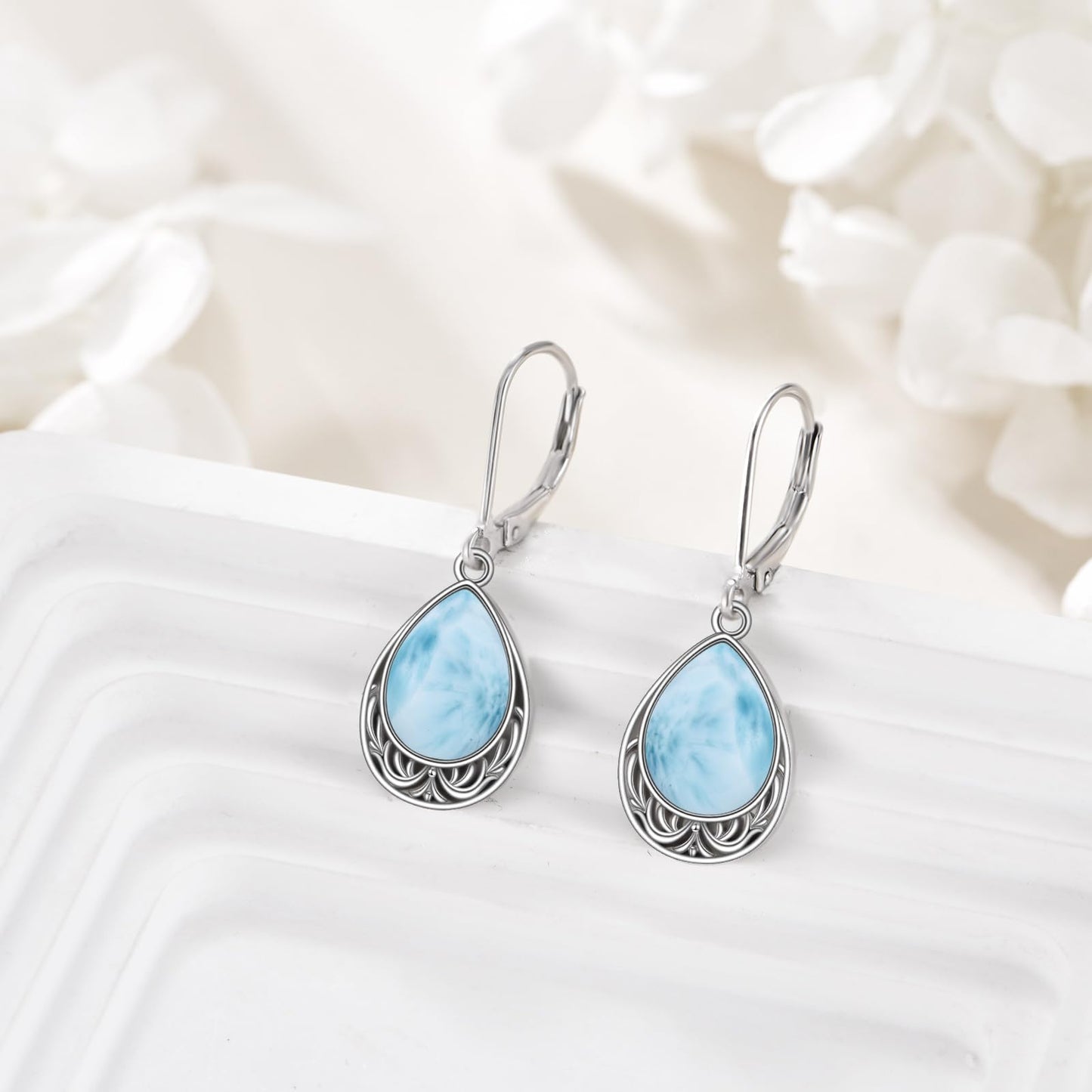 VONALA Larimar Earrings 925 Sterling Silver Larimar Leverback Earrings Teardrop Dangle Dangling Earrings Filigree Jewelry Gift for Women