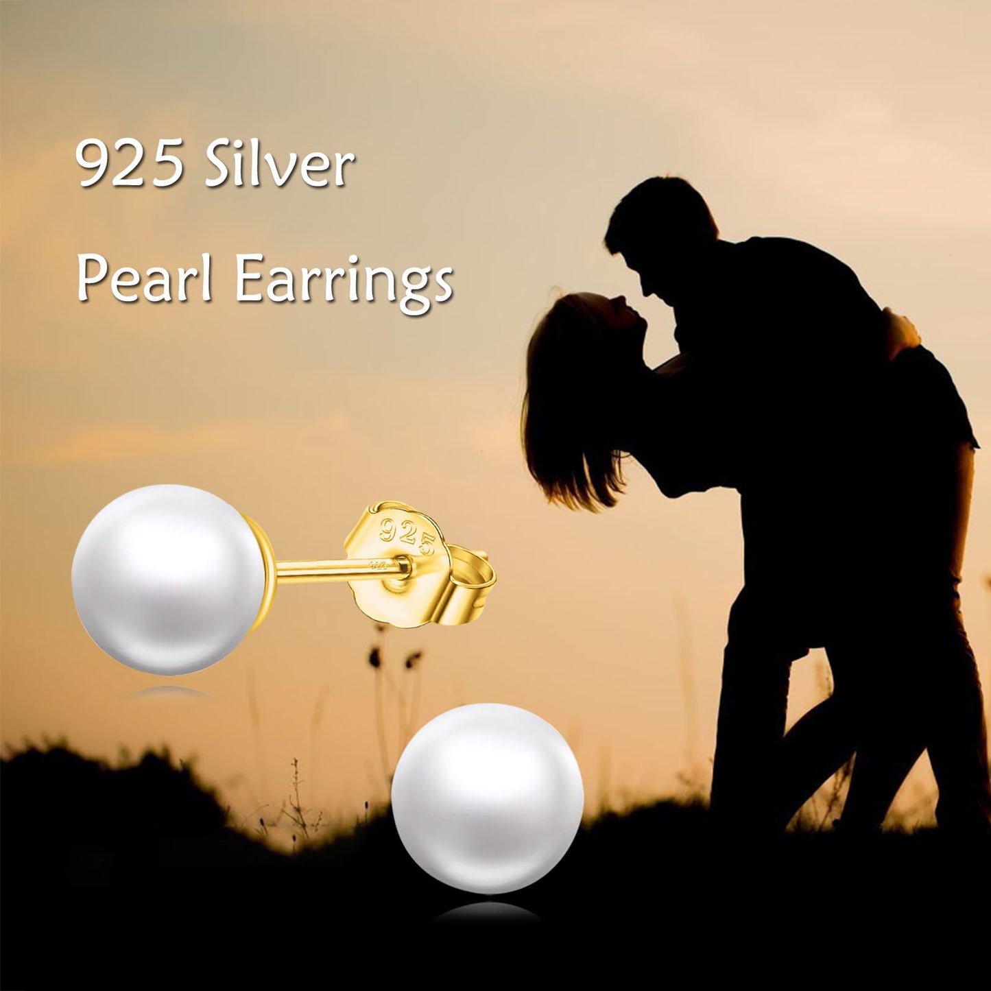 POPLYKE Sterling Silver Real Freshwater Cultured Pearl Stud Earrings for Women Gold Pearl Earrings Wedding Bridesmaids Anniversary(Yellow Gold)