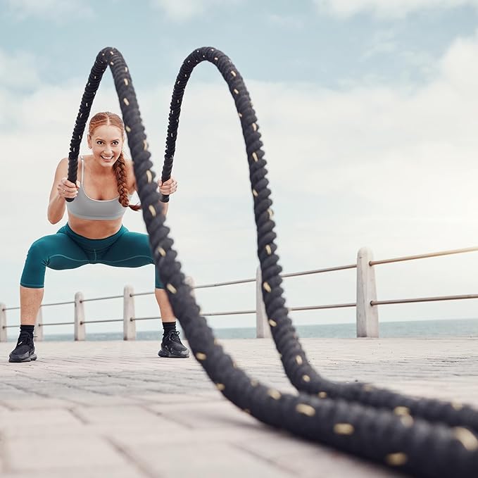 MECCANIXITY Battle Rope 10ft x 1 Inch Polyester Workout Rope Heavy Fitness Exercise Rope for Strength Training Home Gym Muscle Building, Black Yellow