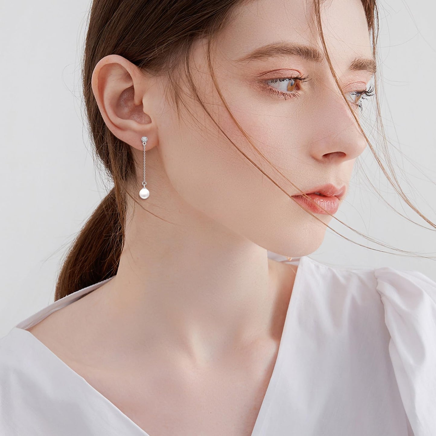 POPLYKE Rose Gold Plated Pearl Drop Earrings Sterling Silver Threader Long Chain Pearl Earrings Jewelry Gifts for Women