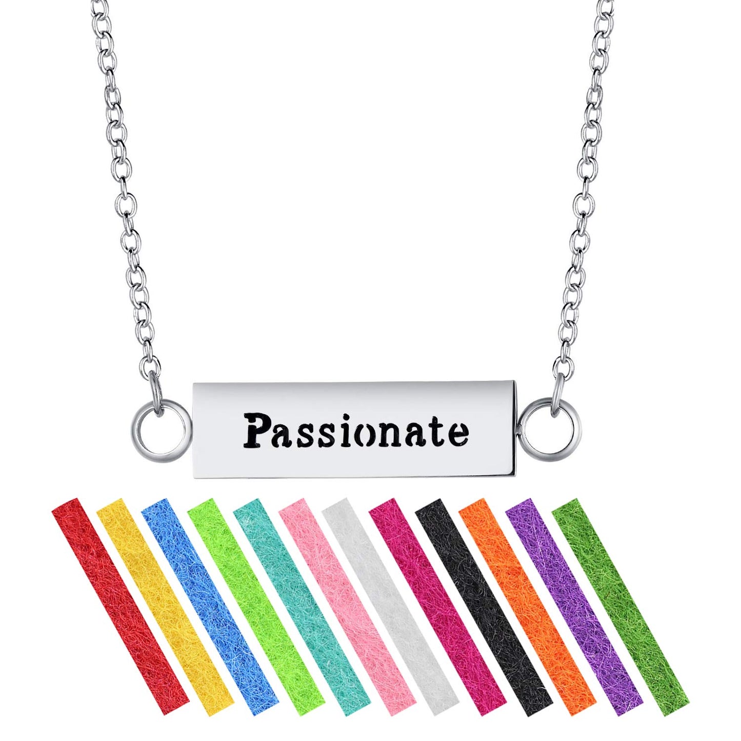 Wild Essentials "Passionate" Essential Oil Diffuser Bar Necklace Gift Set - Includes Aromatherapy Pendant, 24" Stainless Steel Chain, 12 Color Refill Pads