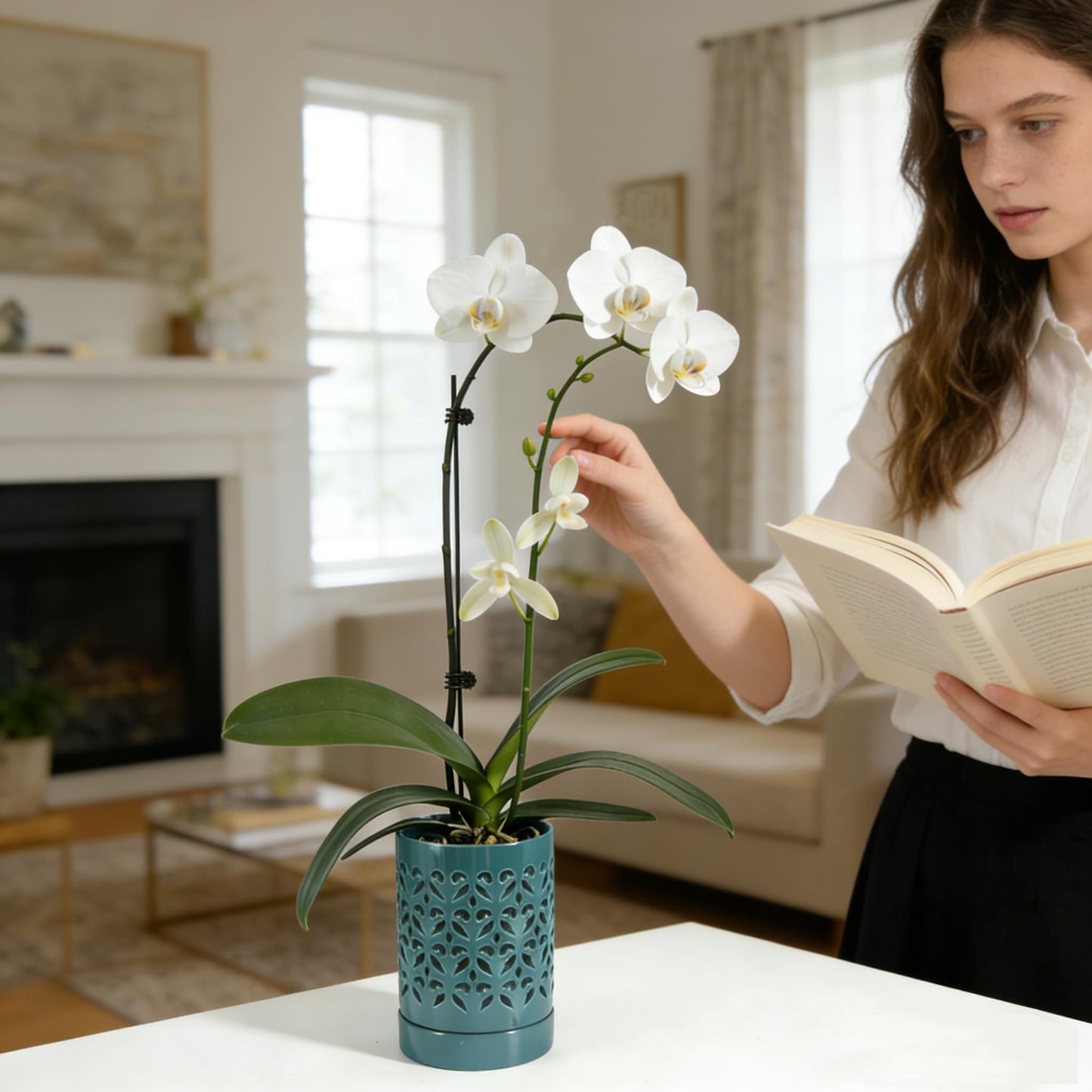 pavtner Ceramic Orchid Pot 4 Inch, Orchid Pots with Holes, Plant Pot for Repotting, Flower Planter Pot Indoor Outdoor, Green Chirstmas Gift for Women.