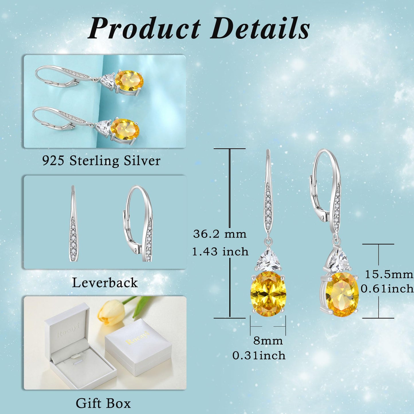 Rocayi Oval Citrine Earrings for Women 925 Sterling Silver Dangle Drop Leverback Earrings November Birthstone Jewelry for Her