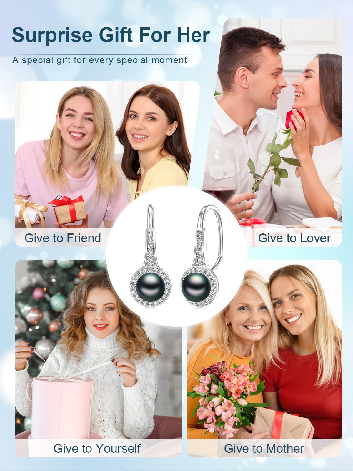 Tahitian Black Pearl Earring 18K White Gold Plated 925 Sterling Silver Earrings AAA+ Handpicked Pearl Earrings Leverback Earring Jewelry Gifts for Wife Women Anniversary Birthday