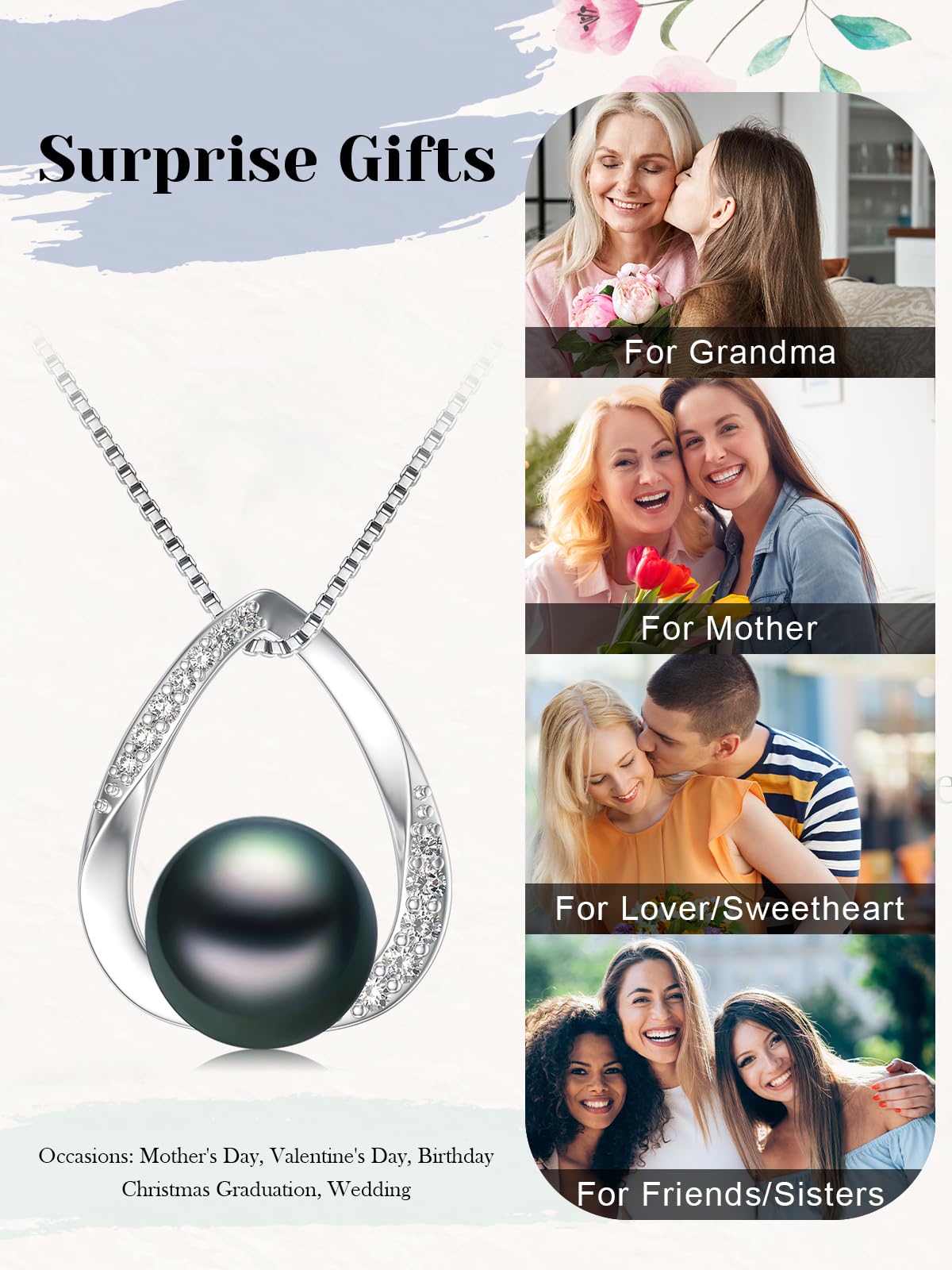 Gifts for Wife Women Anniversary-Tahitian Black Pearl Necklace 18K White Gold Plated 925 Sterling Silver AAA+ Handpicked Pearl Pendant Jewelry Gift for Mom Women Her Wedding Birthday