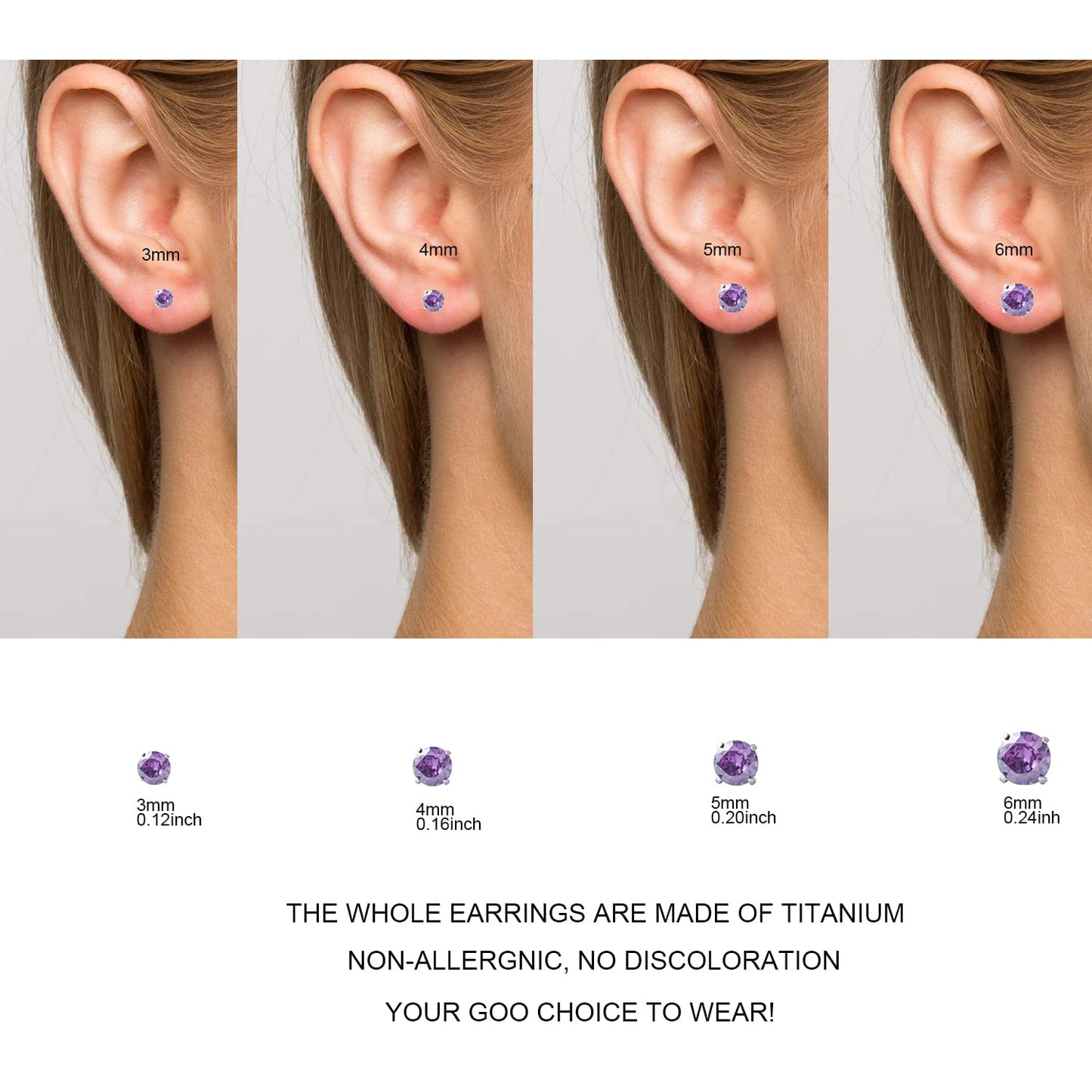 1 Pair Implant Grade Titanium Stud Earrings Set Hypoallergenic 3mm 4mm 5mm 6mm Cubic Zirconia G23 Titanium Earring Studs for Women Men for Sensitive Ear (6mm purple)