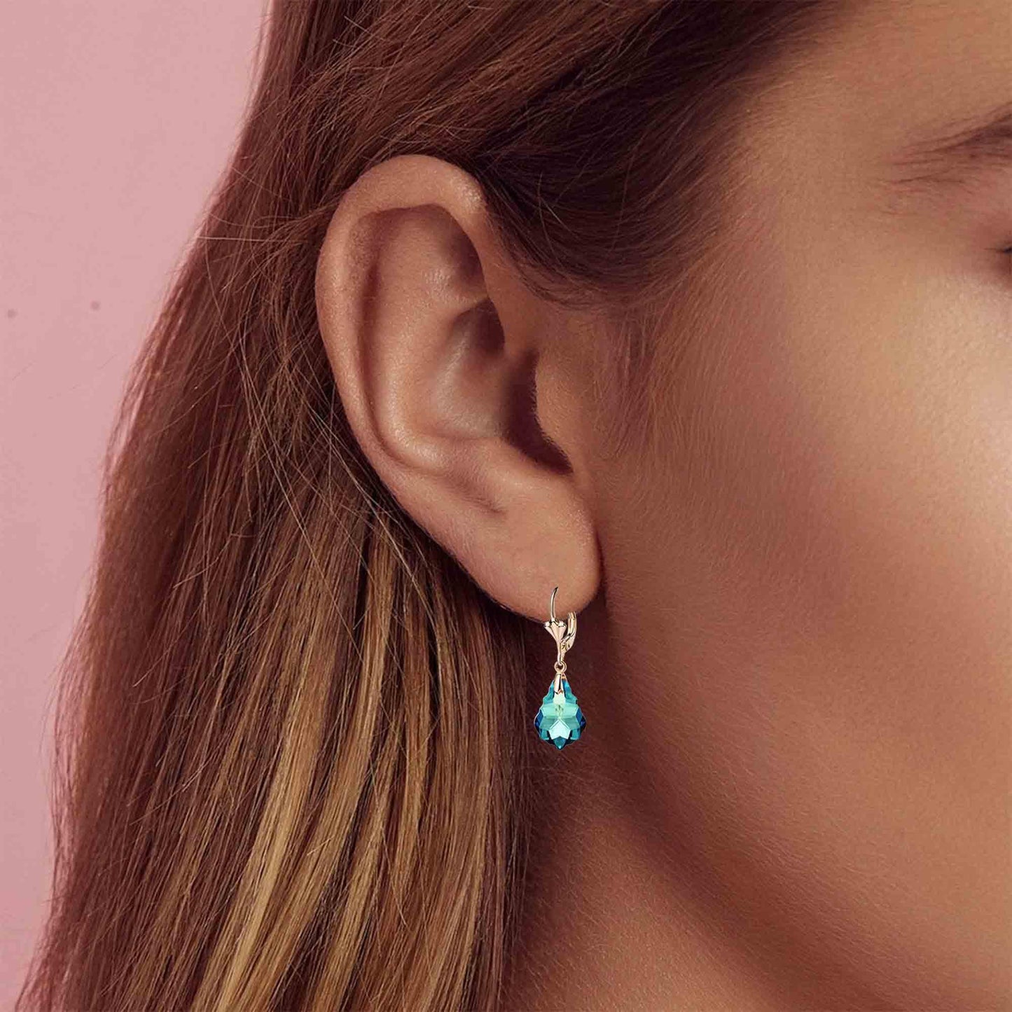 Austrian Crystal Baroque Drop Leverback Earrings for Women Fashion 14K Gold Plated Hypoallergenic Jewelry (Bermuda Blue)