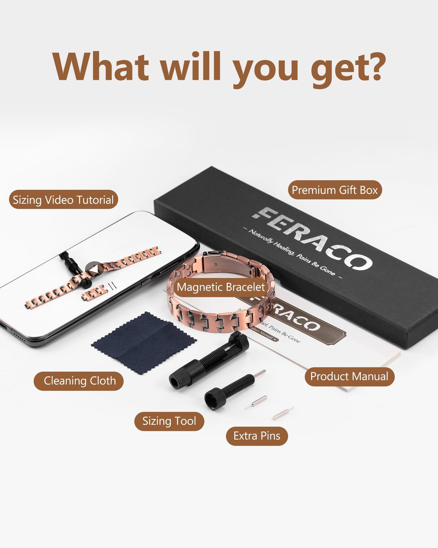 Feraco Copper Bracelet for Men,Magnetic Therapy Cooper Bracelets with 46 Magnets, Men's 99.99% Pure Copper Jewelry