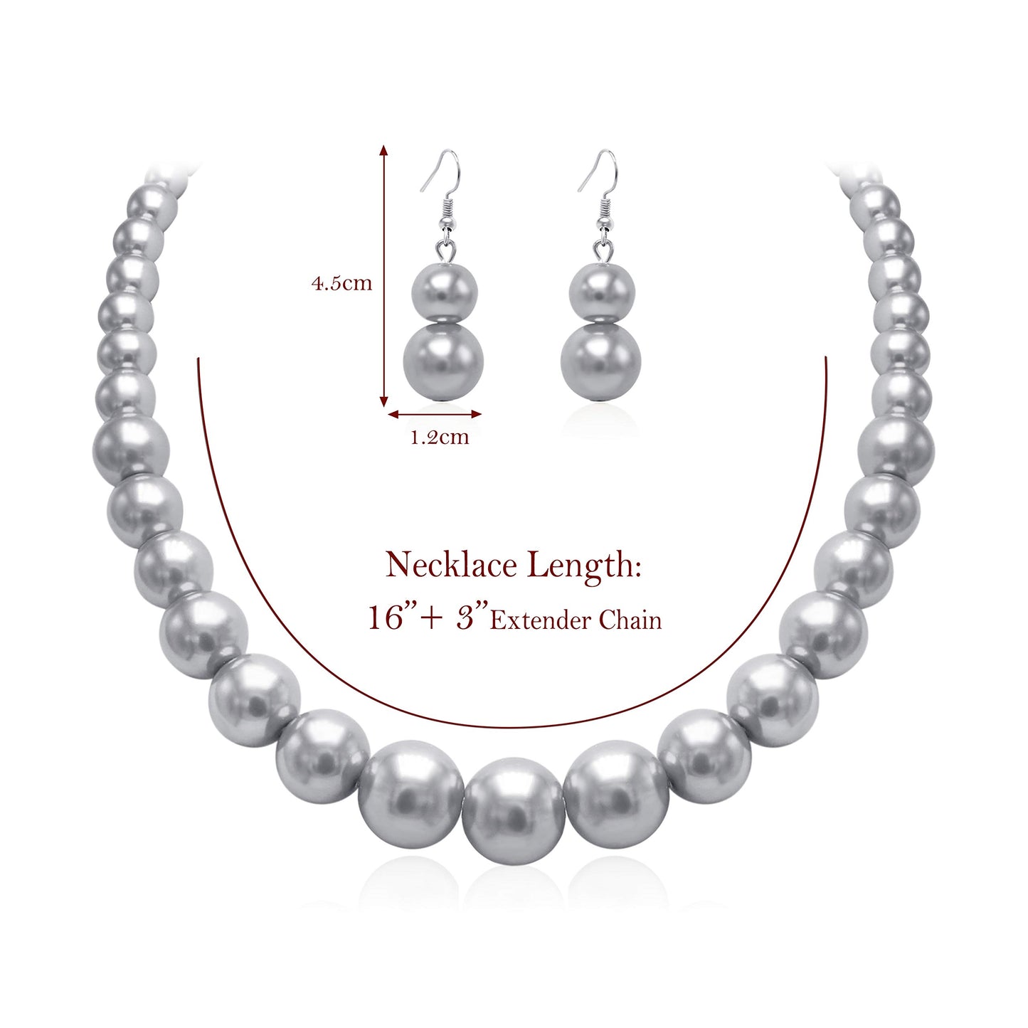 Cryshimmer Pearl Choker Necklace for Women Faux Pearl Beads Strand Necklace Earring Set Costume Jewelry (Grey)