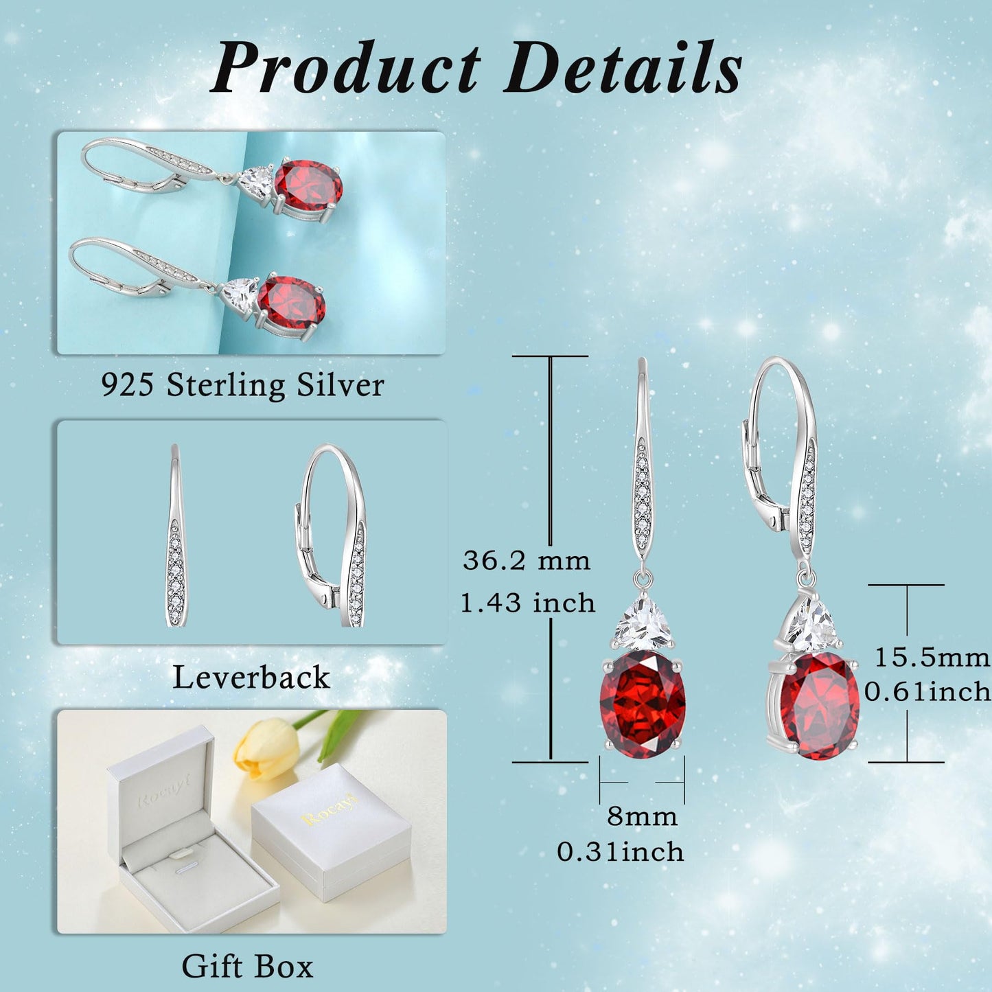 Rocayi Oval Garnet Earrings for Women 925 Sterling Silver Dangle Drop Leverback Earrings January Birthstone Jewelry for Her