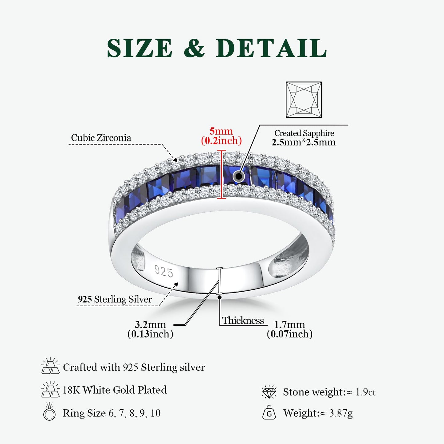 RANDES Eternity Band Rings for Women 925 Sterling Silver Created Blue Sapphire Channel Set Princess Cut Engagement Ring Size 6