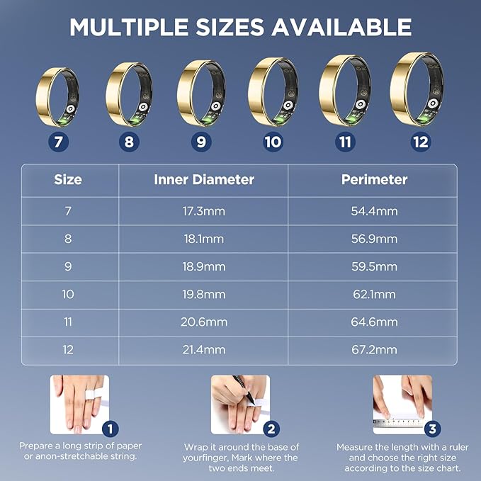 Fitness Tracker, Ultra-thin Smart Ring for Women Men,Health Activity Trackers,Fitness Ring with Sleep Tracker,Heart Rate Monitor,Step Counter,Calorie Pedometer,No Subscription,for iOS Android(Gold#12)