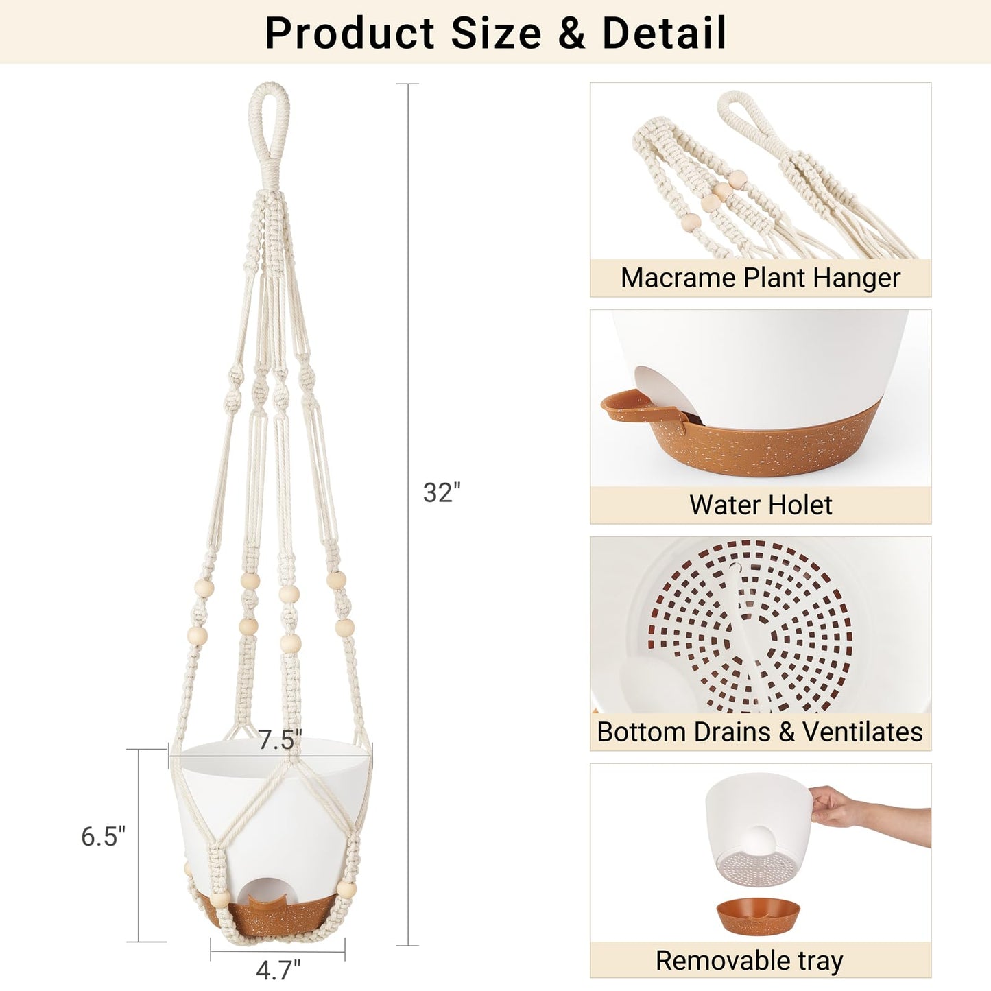 Mkono 7.5 Inch Hanging Planters, Macrame Plant Hangers with Self Watering Plant Pots Indoor Set of 2 Hanging Baskets Flower Pot Holders with Hooks No Tassels for Boho Home Decor, Ivory