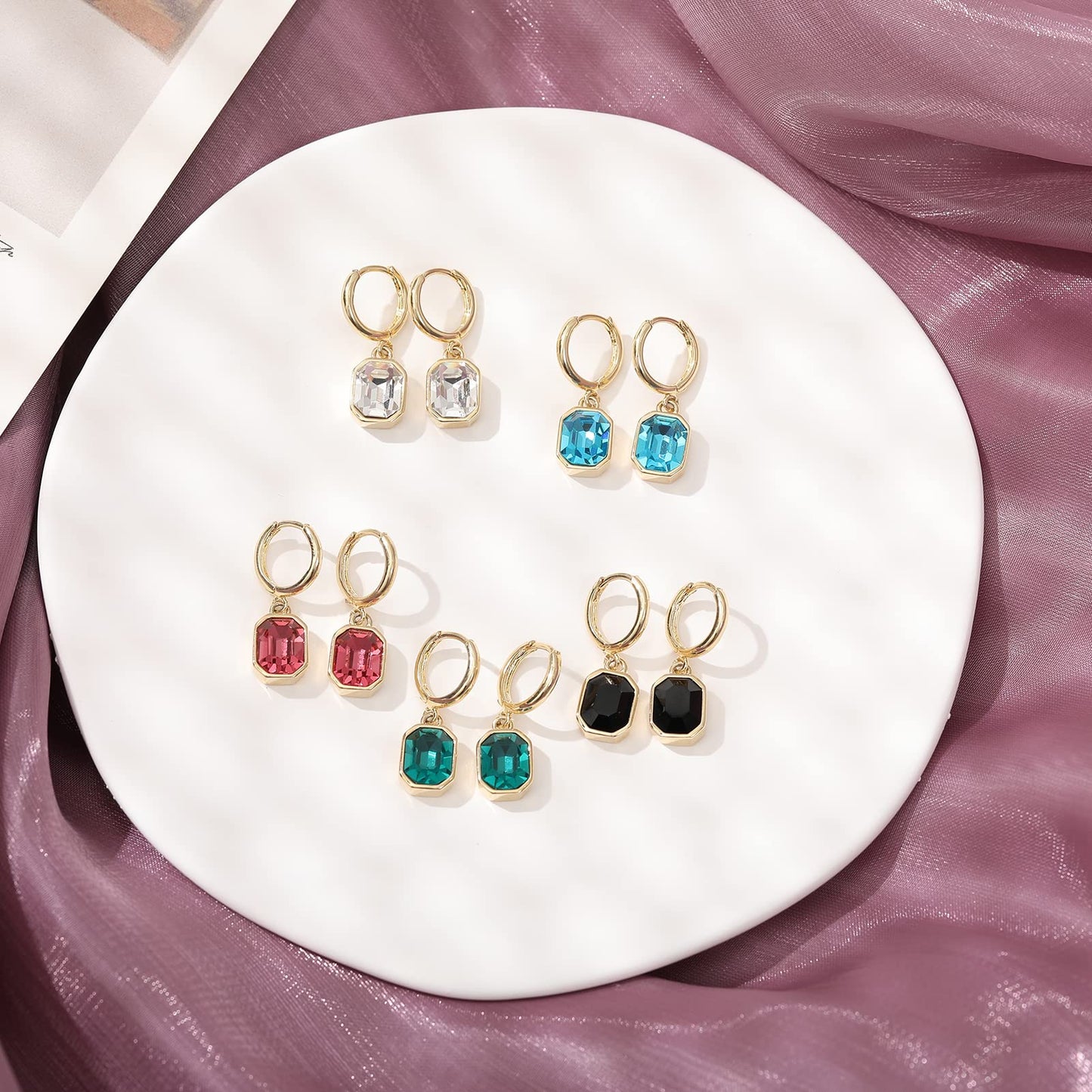 Birthstone Crystal Dangle Drop Earrings, 18K Gold Plated Huggie Hoop Hypoallergenic Earring Jewelry Gifts for Women (White)