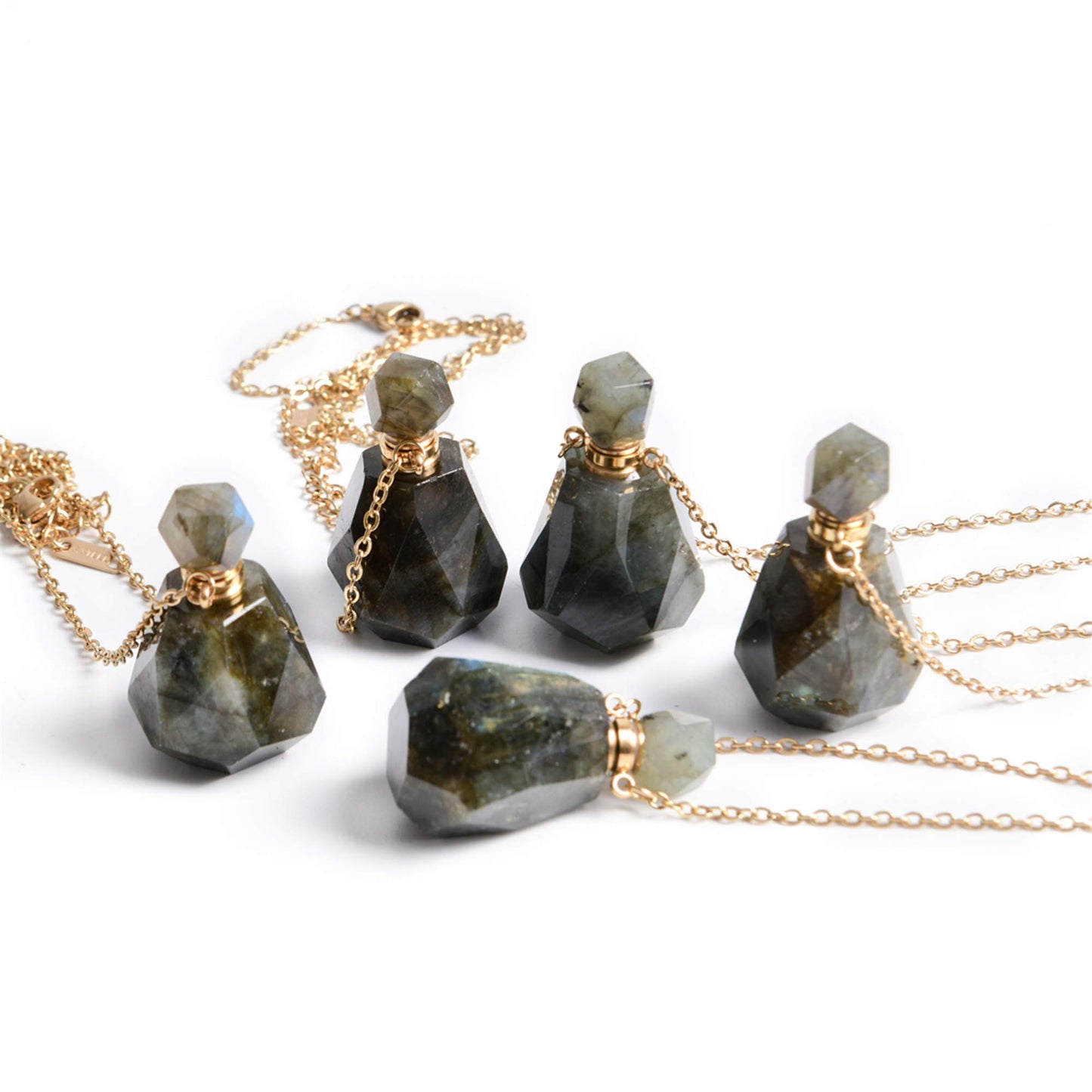 YGLINE Labradorite Perfume Locket Necklace Aromatherapy Essential Oil Diffuser Natural Stone Pendant Necklace for Women