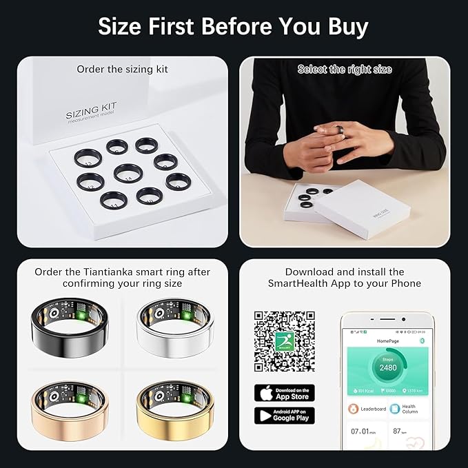 Ring Health Tracker for Women Men, Fit Ring with Heart Rate, Blood Oxygen, Sleep Monitor, Calories, Step Counter, IP68 Waterproof Smart Ring for iPhone & Android, No Subscription Fee (Gold, 12#)