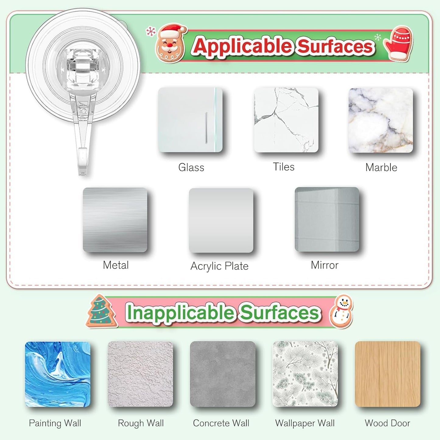 VIS'V Wreath Hanger - Heavy Duty Suction Cup Hooks | 22 LB Capacity, Clear, 6 Pack, Removable & Reusable