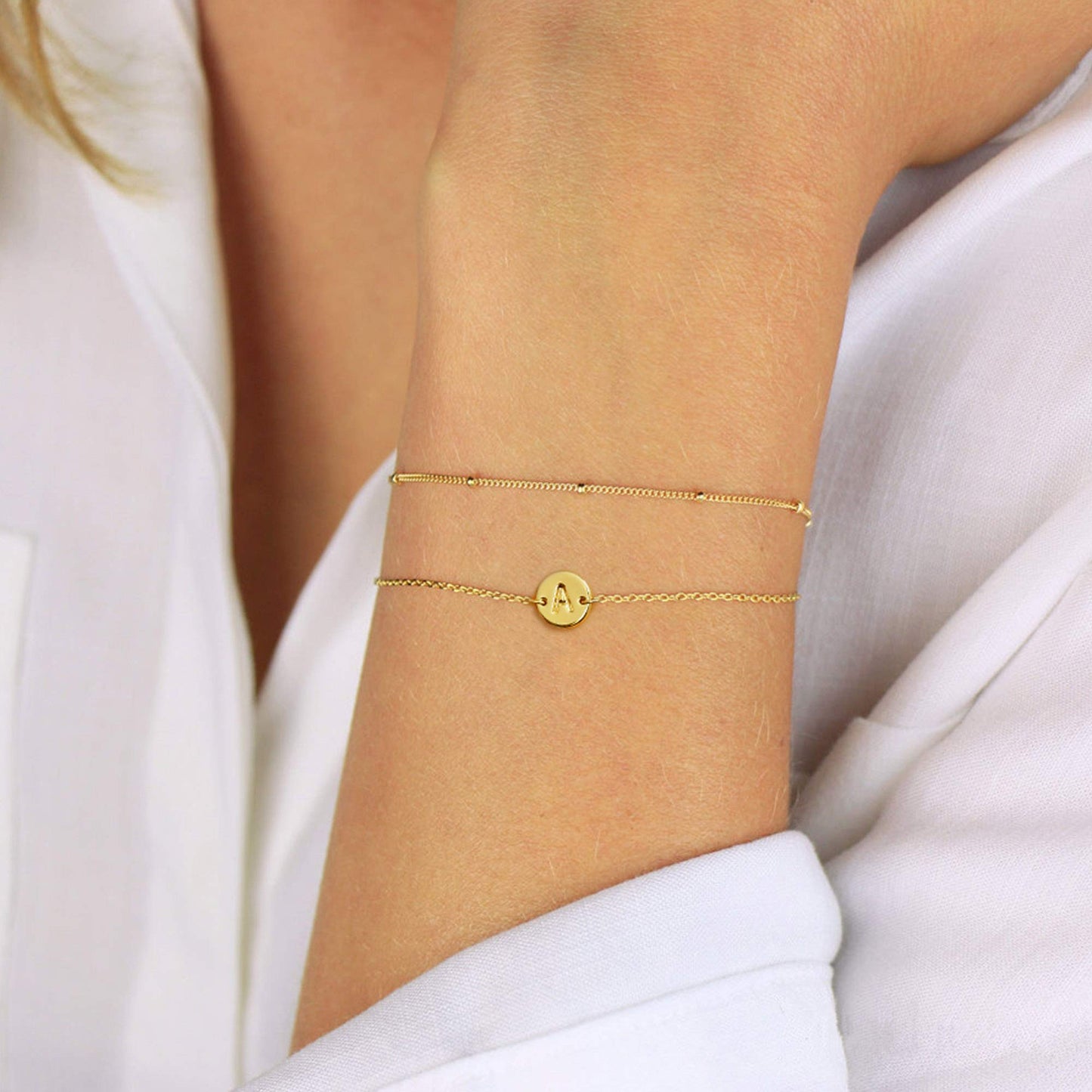 MONOZO Gold Initial Bracelets for Women, Dainty 14K-gold-plated Layered Beaded G Letter Initial Bracelet Personalized Alphabet Disc Monogram Charm Bracelet Jewelry Gifts
