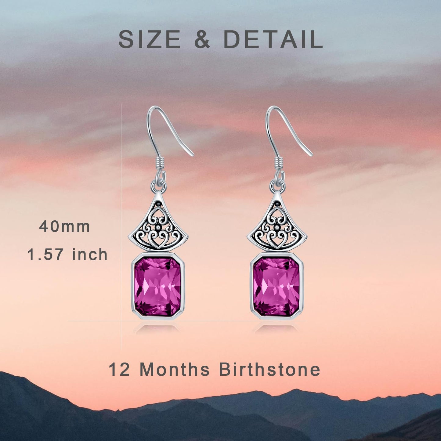 Vintage Earrings 925 Sterling Silver Oxidized Dangle Drop Earrings with Emerald Cut Pink Crystal October Birthstone Anniversary Jewelry Gifts for Women