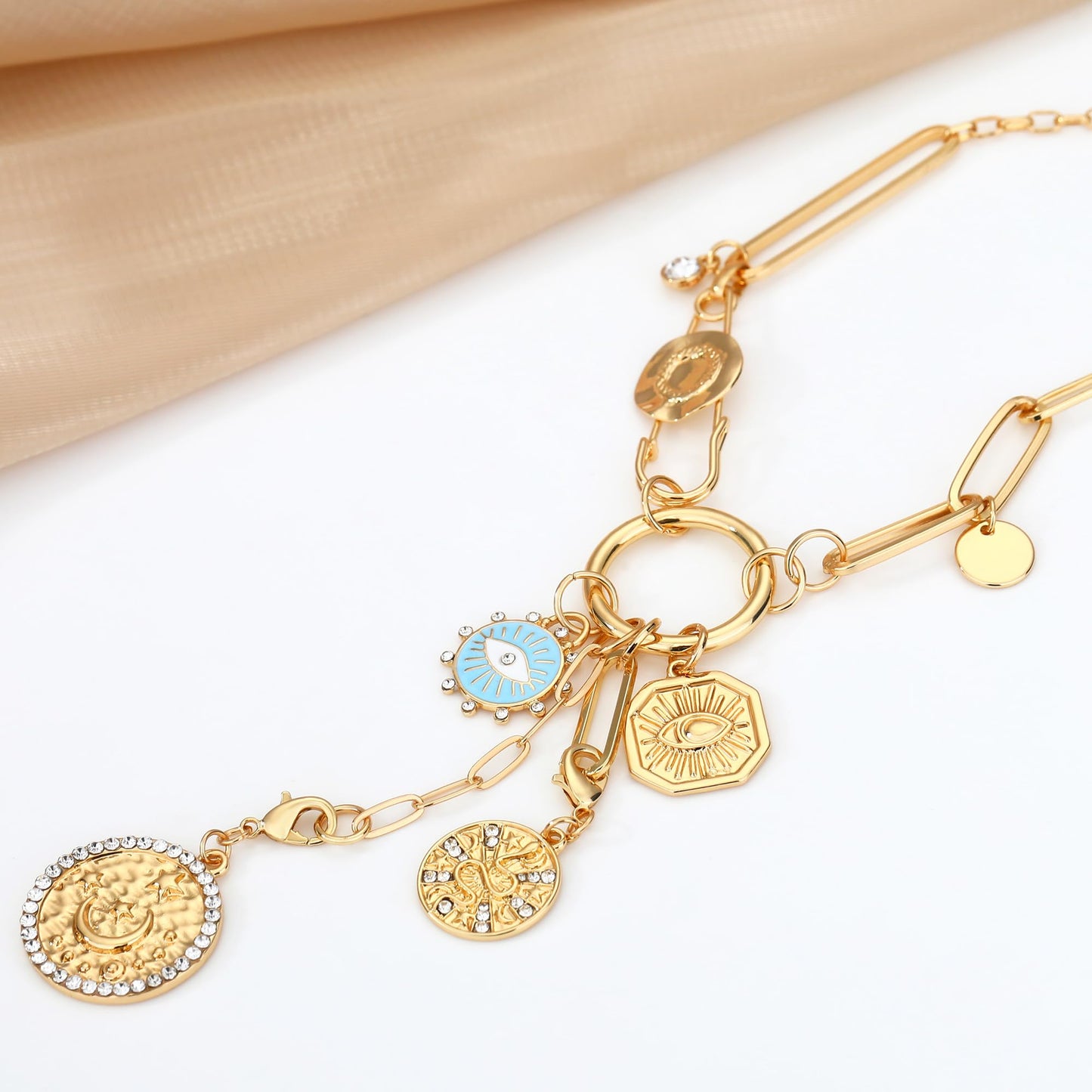 BONJOULRY Charm Necklace for Women Gold Safety Pin Necklace Evil Eye Moon Star Coin Celestial Charms Dainty Paperclip Chain DIY Tarot Card Pendant Y Choker Necklace Amulet Jewelry Gifts Snake