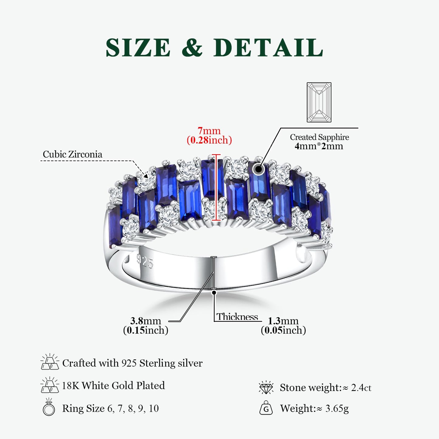 RANDES Sapphire Ring Half Eternity Wedding Bands for Women Men 925 Sterling Silver Blue Stone September Birthstone Ring Size 10