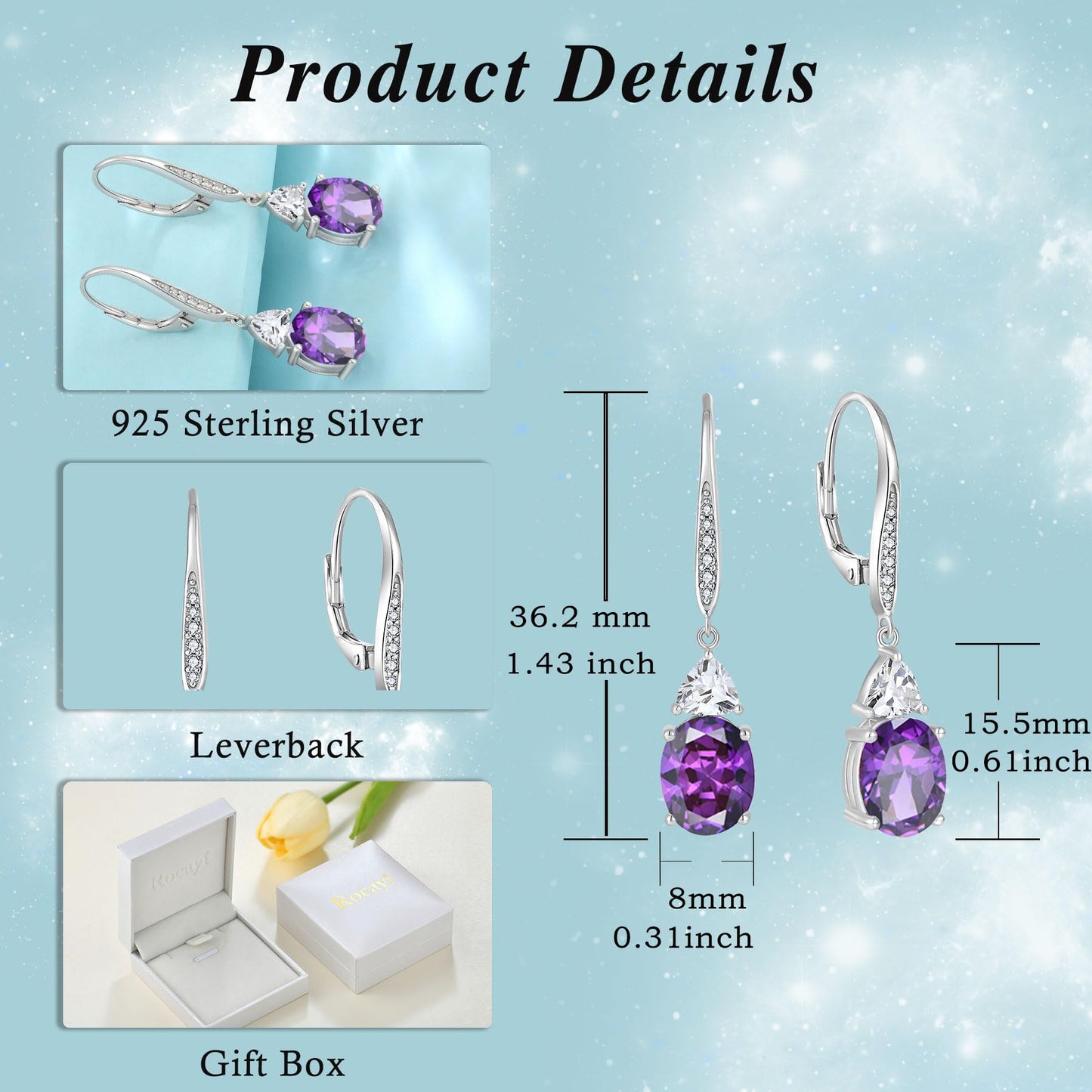 Rocayi Oval Amethyst Earrings for Women 925 Sterling Silver Dangle Drop Leverback Earrings February Birthstone Jewelry for Her