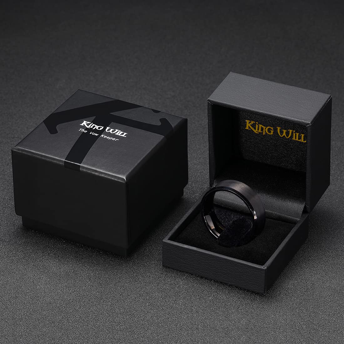 King Will 10mm Men's Black Wedding Ring - Brushed Matte Surface, Beveled Polished Edge, Comfort Fit Size 13