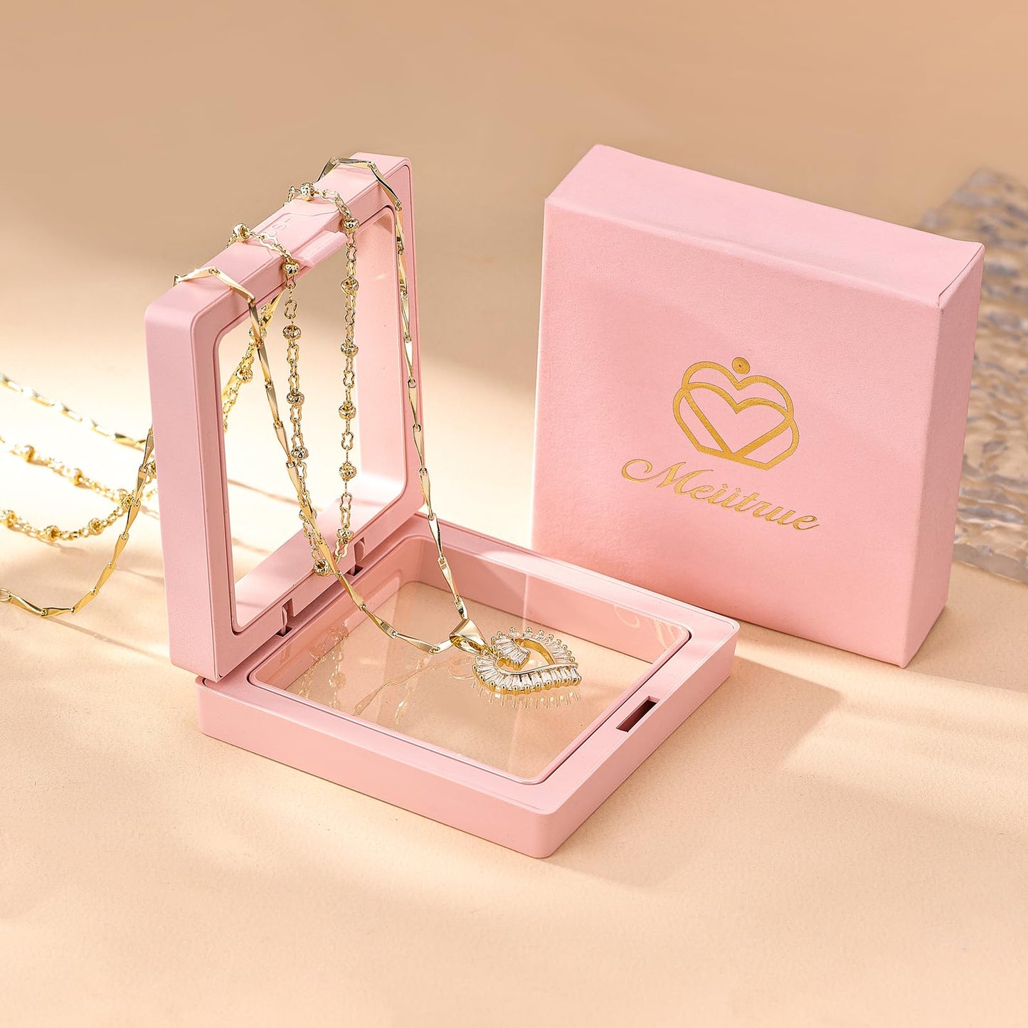 MEIITRUE Heart Necklaces for Women Trendy 14k Gold Plated Dainty Layered Necklace Set Cubic Zirconia Rose Heart Pendant Choker Paperclip Chain Stackable Jewelry Gifts for Her