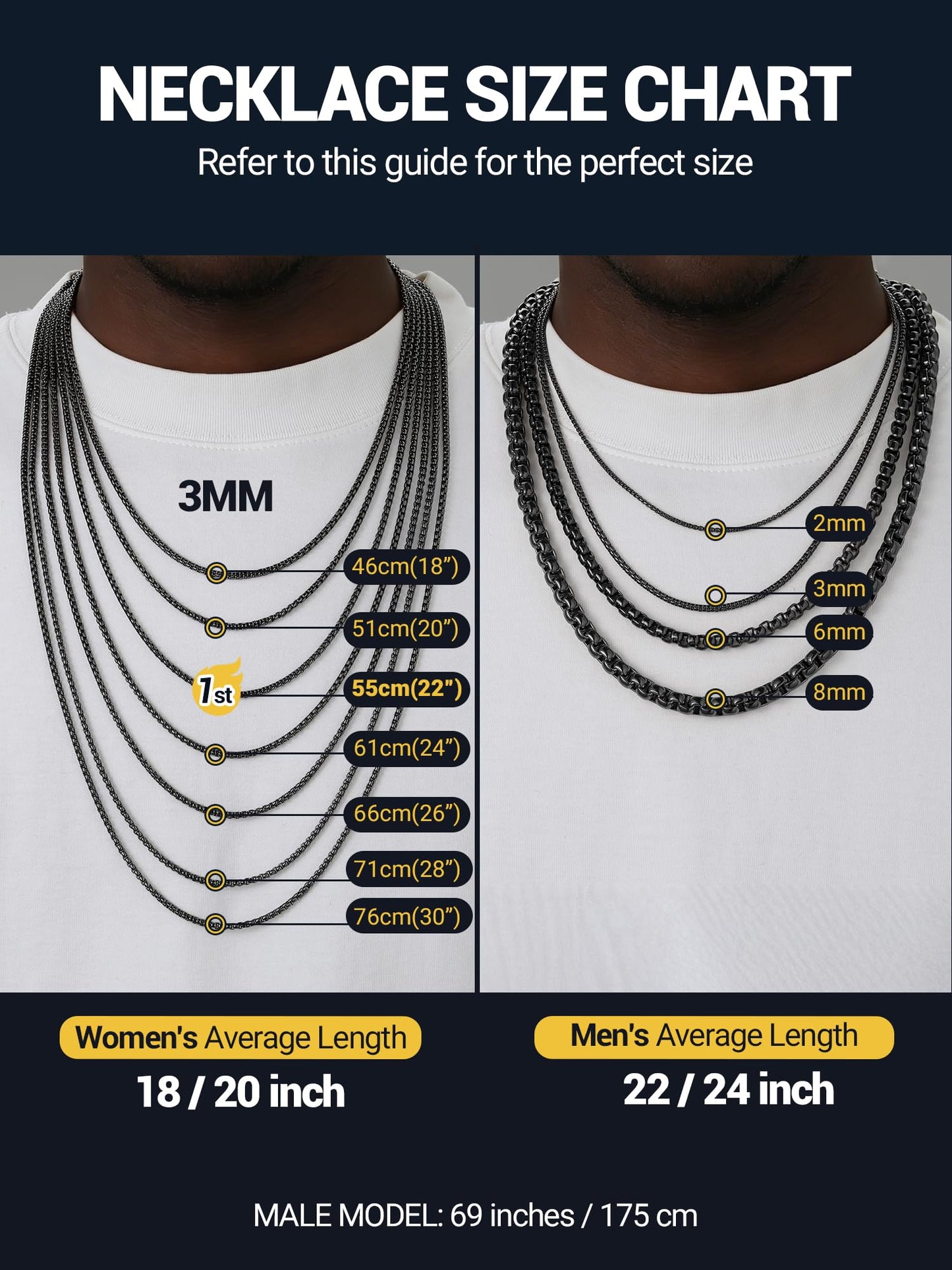 PROSTEEL Mens Chain Necklace, Squre Rolo Link Chains Black Stainless Steel Necklace 2mm Waterproof & Durable Men and Women Jewelry with Gift Box 18in