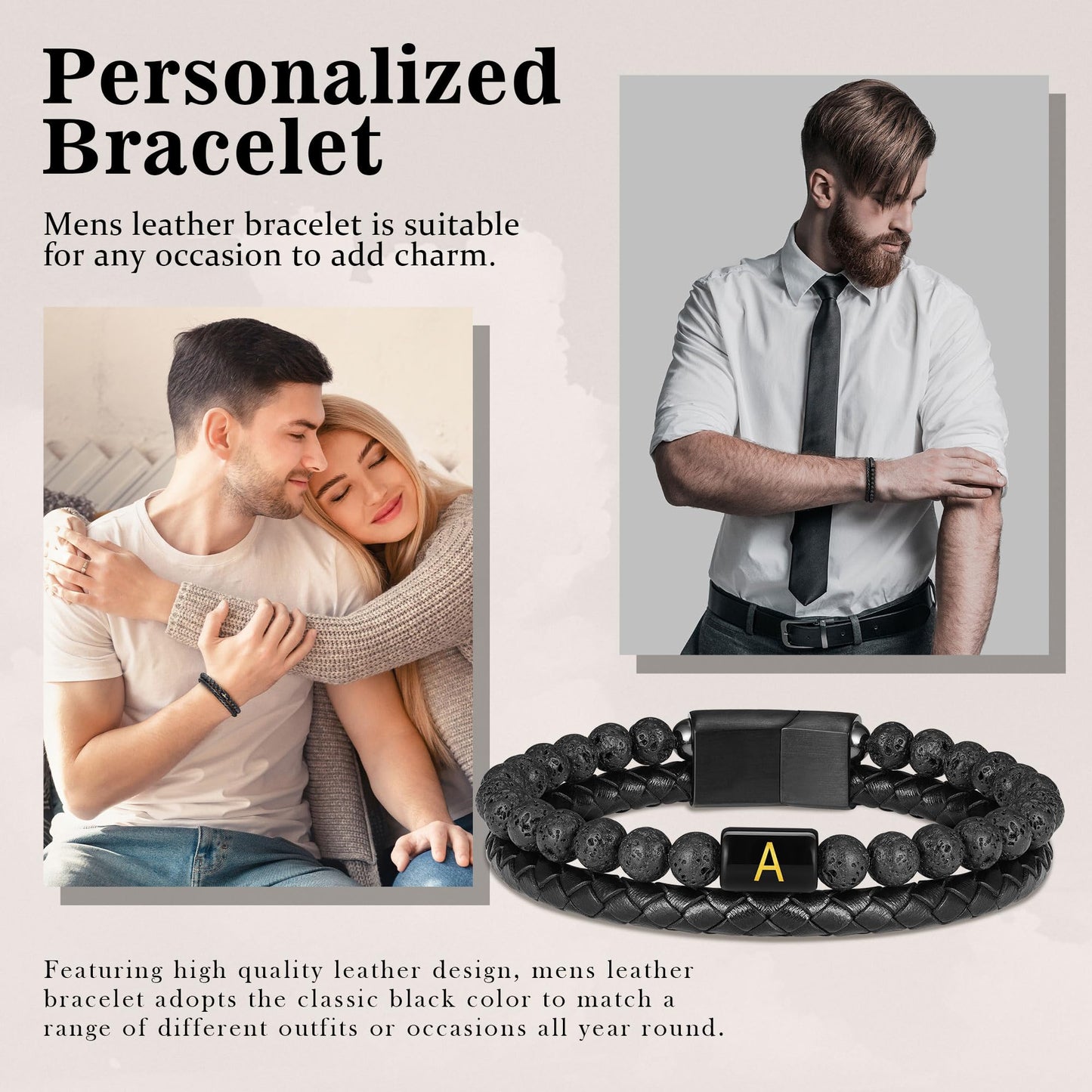 FOCOOG Leather Bracelets for Men with Initial - Men Gifts Lava Rock Bead Magnetic Clasp Gift for Dad Black Mens Leather Bracelets Men's Initial B Bracelet for Men's Jewelry Mens Gifts for Dad Husband