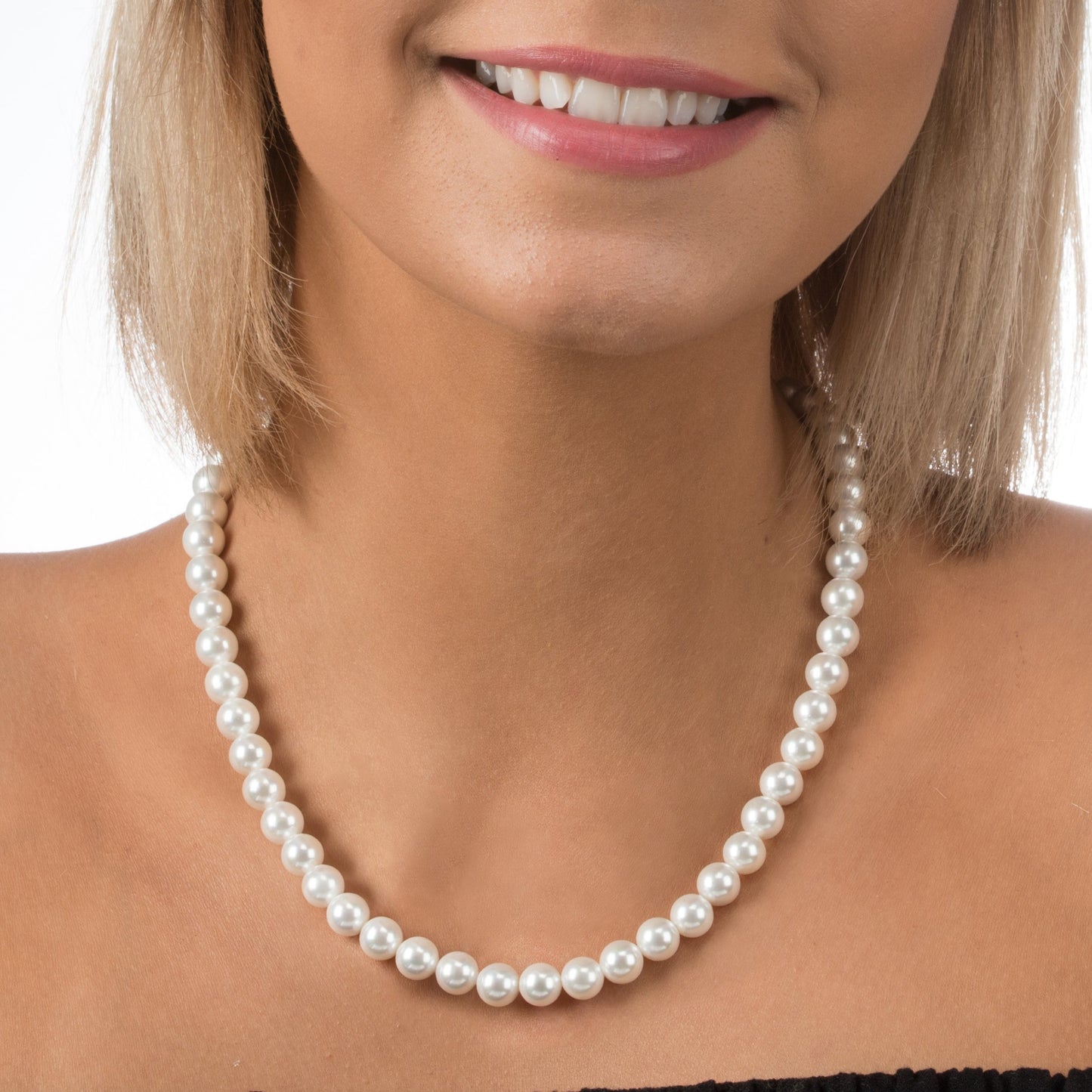 PAVOI 925 Sterling Silver Round White Simulated Shell Pearl Necklace Strand | Pearl Choker Necklace | Jewelry for Women - 18" Princess Length (8mm)