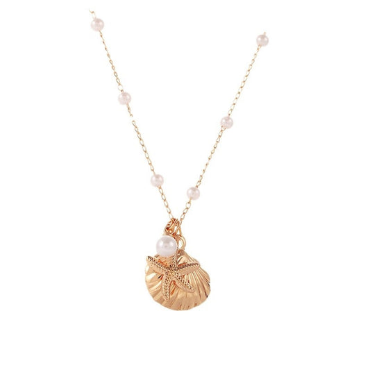 Boho Starfish Seashell Layered Necklace Gold Silver Plated Dainty Charm Double Layer Sea Shell Lucky Stars Ocean Animal Chain Necklace for Women Hawaiian Summer Beach Vacation Jewelry Gifts (Gold pearl necklace)