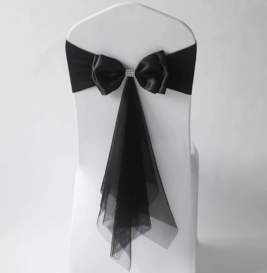 Skiennix 6Pcs Stretch Satin Chair Sashes - Elegant Black Bows for Wedding & Event Decor