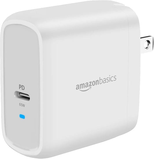 Amazon Basics 65W One-Port GaN USB-C Wall Charger with Power Delivery PD, Foldable Plug, Portable, Fast Charging