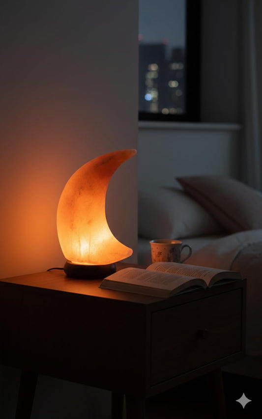 NatureBoost NB Himalayan Pink Salt Lamp – Moon Shape – Hand-Carved Natural Crystal with Wooden Base dimmer Switch with a Pair of Bulbs