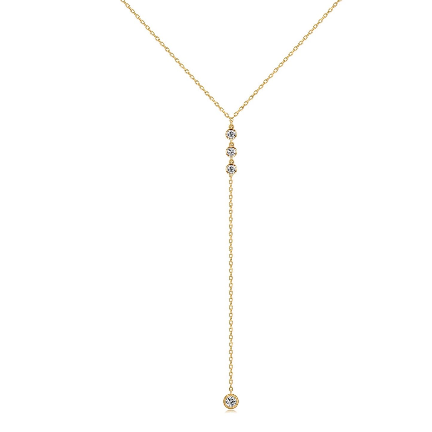 Metzakka Handmade Sterling Silver Lariat Necklace, Simulated Diamond Dainty Drop Y Chain Necklace for Women (Round diamonds-Gold)