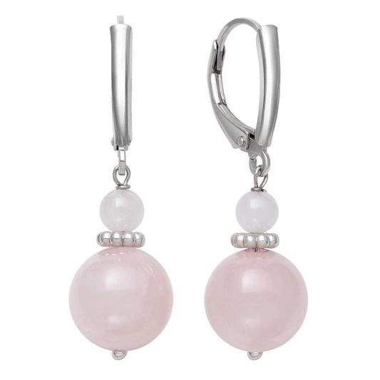 Belacqua Sterling Silver Natural Round Rose Quartz Gemstone Beaded Dangle Drop Earrings for Women, Length : 1.5 Inches, Leverback, Gift Box Included