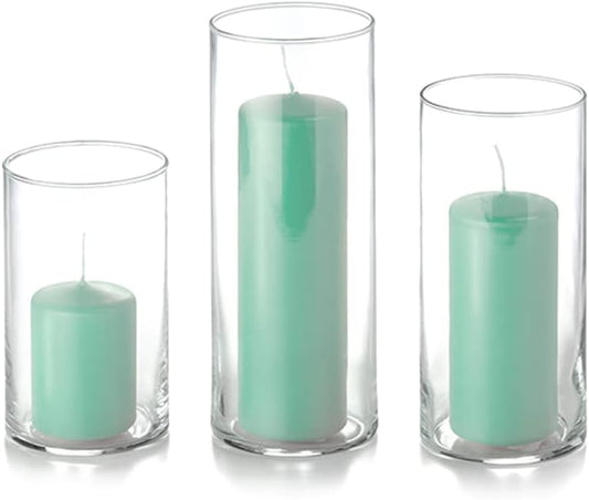 Yummi Set of 36 Slim Pillar Candles and Cylinder Vases - Blue Jade