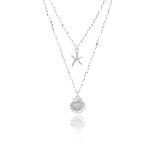 Boho Starfish Seashell Layered Necklace Gold Silver Plated Dainty Charm Double Layer Sea Shell Lucky Stars Ocean Animal Chain Necklace for Women Hawaiian Summer Beach Vacation Jewelry Gifts (Silver)
