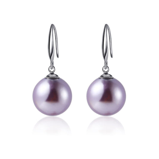 10mm Ocean Pearl Dangle Earrings Natural Shell Beads Drop Earrings Fashion Jewelry for Women-Purple