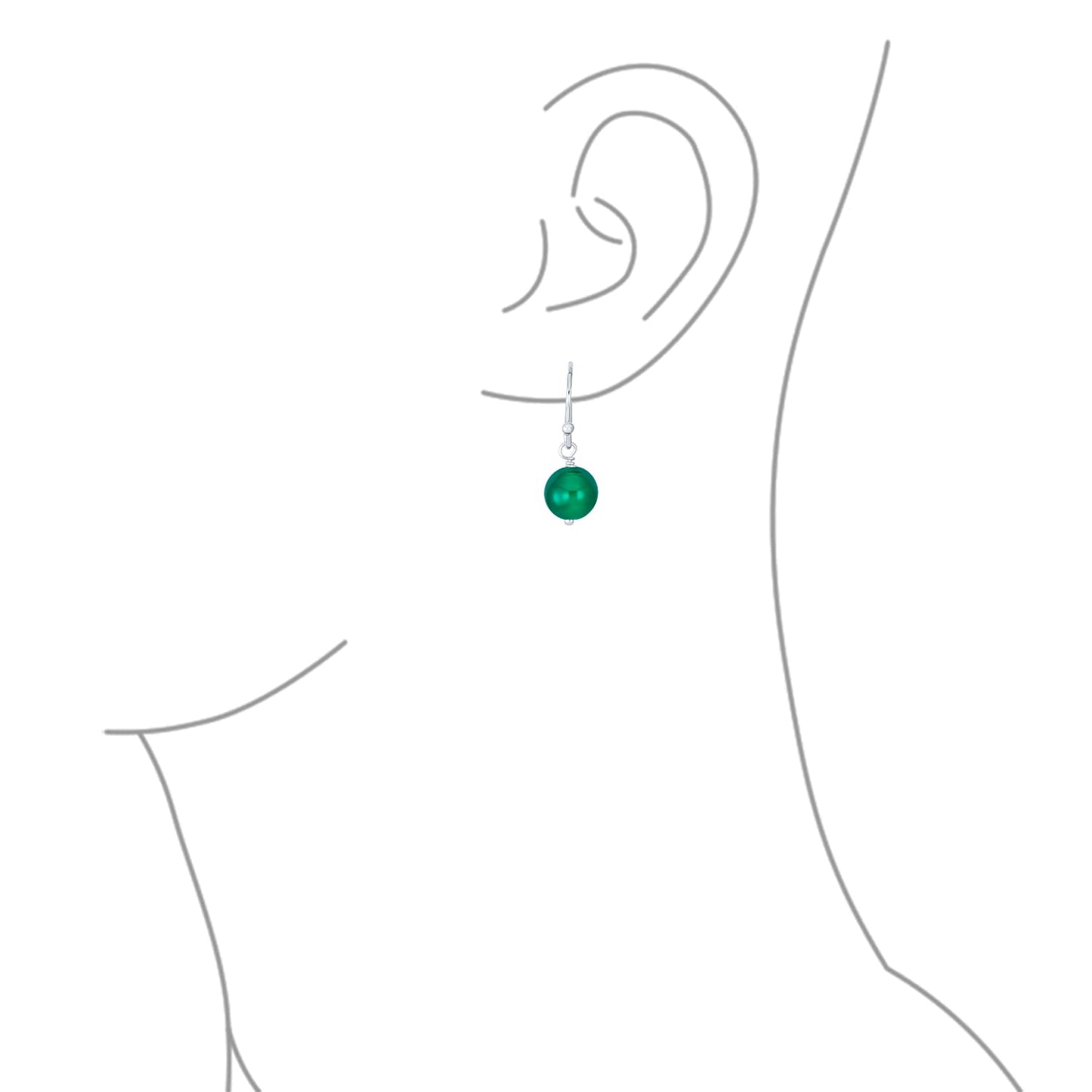 Bling Jewelry Timeless .925 Sterling Silver Green Agate Bead 8mm Ball Drop Earrings Fish Hook Genuine Gemstone May Birthstone