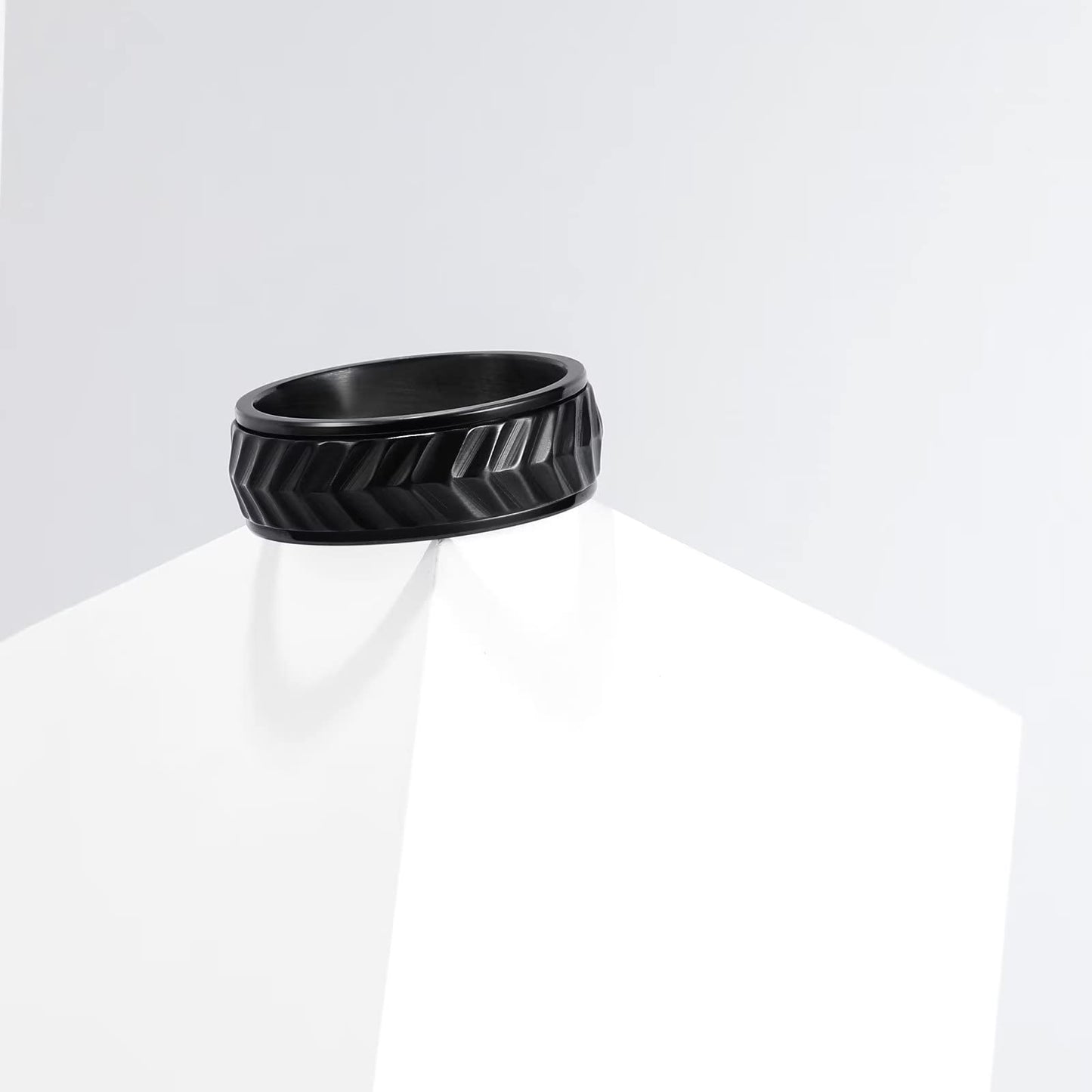 King Will Mens Black 8mm Spinner Rings Tire Stripe Groove Stainless Steel Anxiety Fidget Ring for Men 11